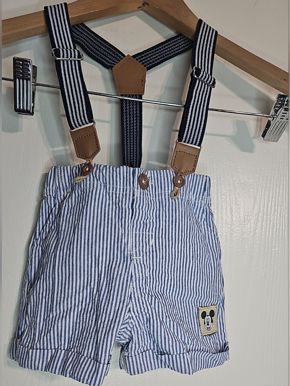 Disney Blue and White Striped Shorts with Navy Suspenders